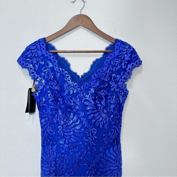 Tadashi Shoji Bright Cobalt‎ Blue Embroidered Lace V Neck Sequin Cap Sleeve - Picture 5 of 6